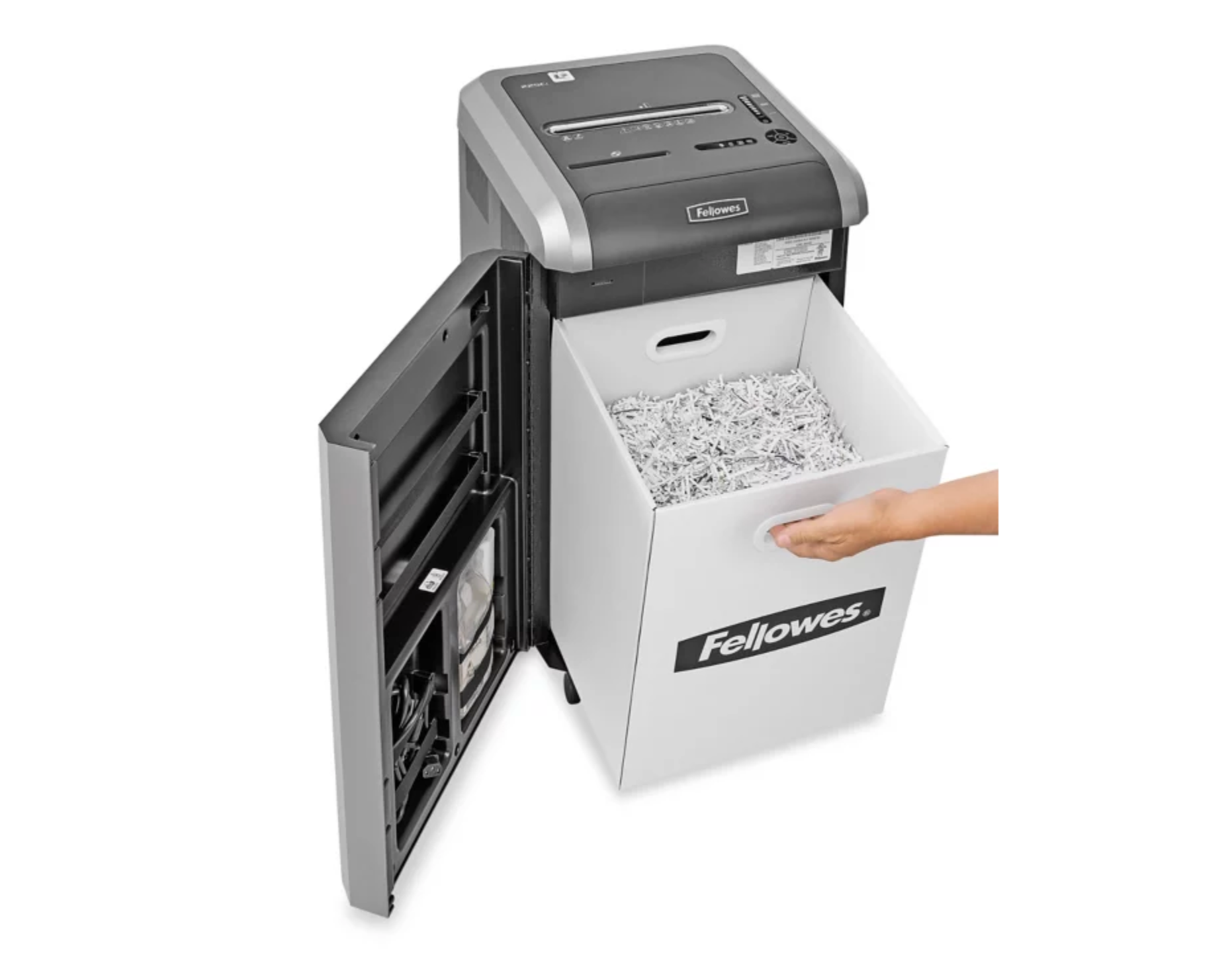 Fellowes paper shredder with a hand opening the lid to reveal shredded paper.